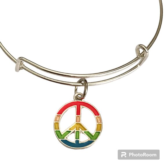 Peace Sign Charm Bracelet Silver Plated Adjustable Rainbow Hippie LGBT Retro - Picture 2 of 7